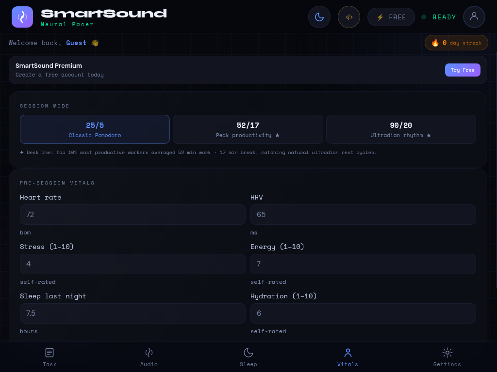 SmartSound Vitals · Pre-session screen